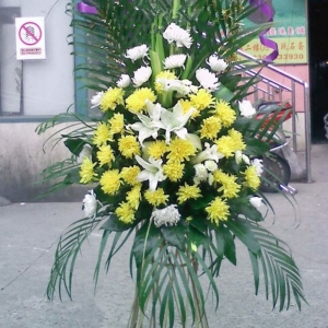 永远怀念-黄色菊花、白色菊花、百合、散尾葵搭配