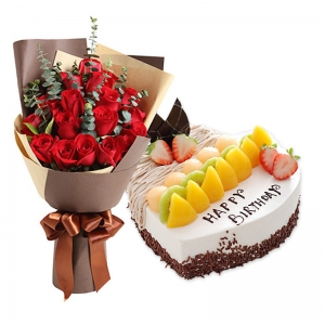 梦想-19朵红玫瑰+ 8寸心形水果蛋糕