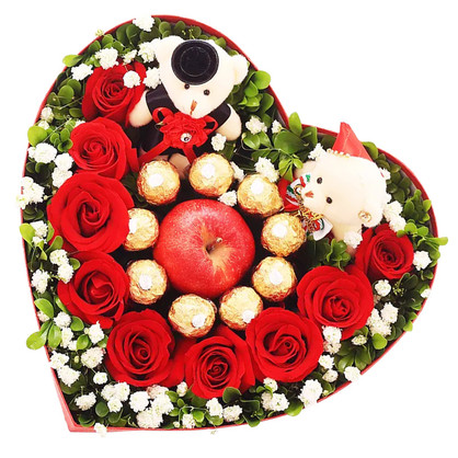 甜蜜如心【圣诞热卖】-9枝红玫瑰，9颗巧克力，2只小熊，1个苹果