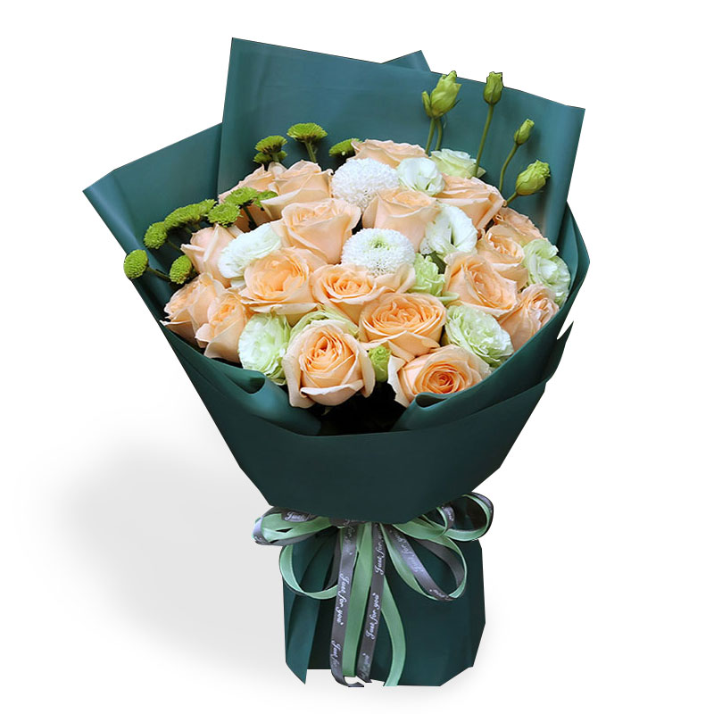 阳光海岸-19枝香槟玫瑰，绿色桔梗，色雏菊，2个白色乒乓菊