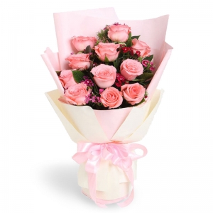 可爱的公主-戴安娜粉玫瑰11枝，混色石竹梅10枝、栀子叶5枝