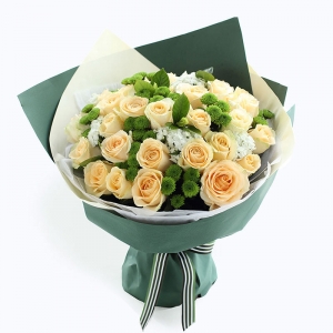 夏日公主-香槟玫瑰33枝、绿色小雏菊8枝、白色石竹梅5枝、栀子叶3枝