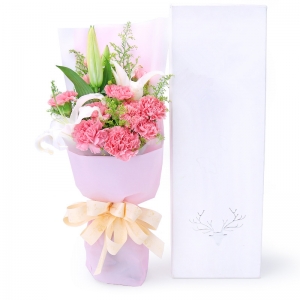 衷心祝福-11枝粉色康乃馨，1枝多头白百合，搭配适量黄莺草