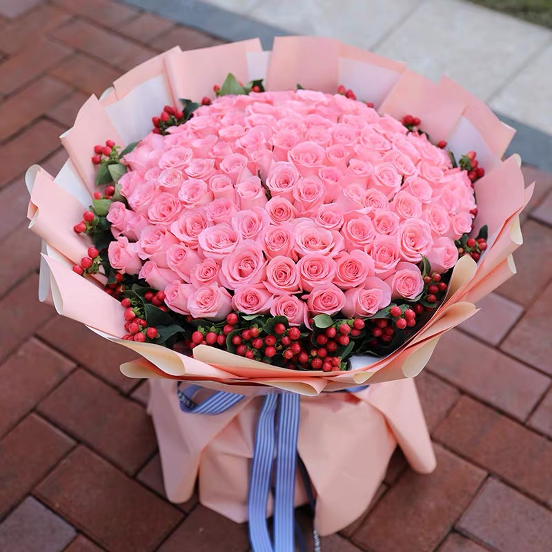 心动-99朵粉色玫瑰花精美花束包装