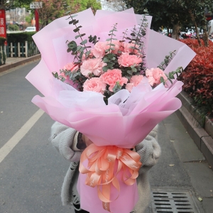 锦绣未来-11朵粉色康乃馨，搭配尤加利叶