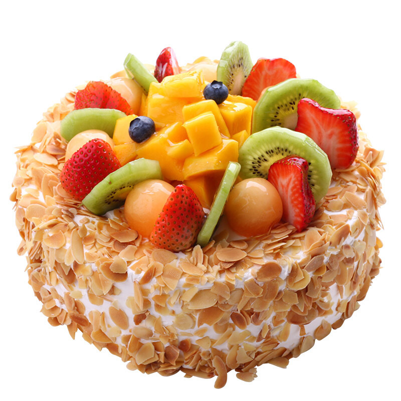 生日赞歌- 圆形欧式蛋糕，各式新鲜时令水果铺面，杏仁片围边