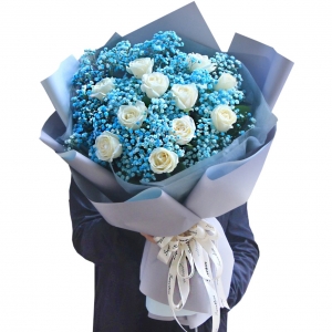 柔情誓言-11朵白玫瑰，蓝色满天星丰满，栀子叶搭配