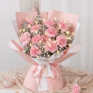 您永远幸福-11枝粉色康乃馨，白色满天星、尤加利叶 间插丰满，送灯串一个