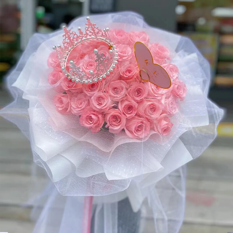 浪漫之约-33朵粉色玫瑰白纱包装花束