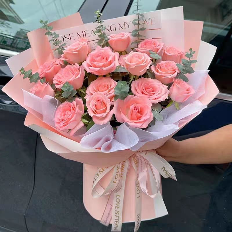甜美如你- 19朵粉玫瑰,尤加利丰满间插