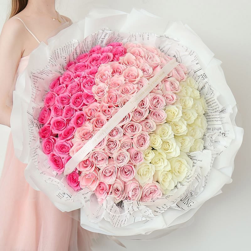 精灵女王-99枝渐变粉玫瑰，如图制作