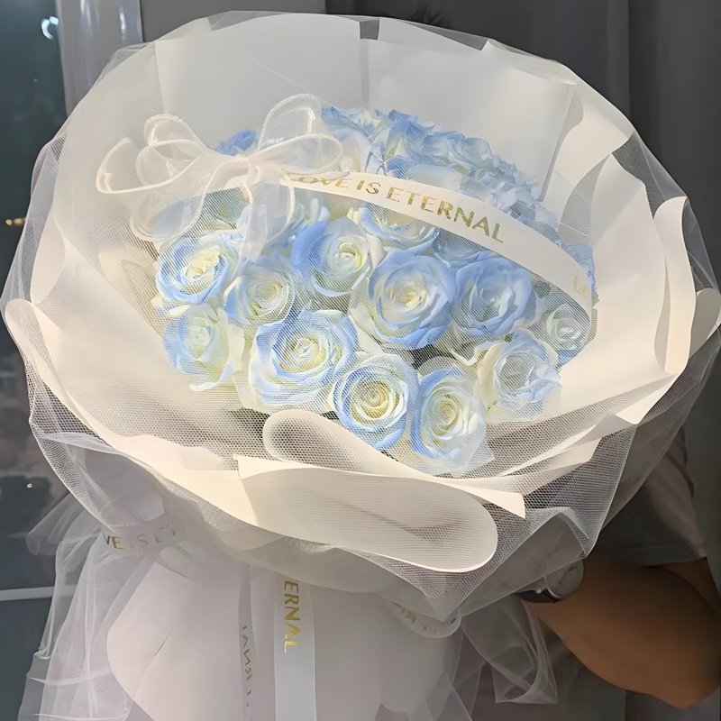 一辈子爱你-33朵碎冰蓝玫瑰,白色丝带蝴蝶结