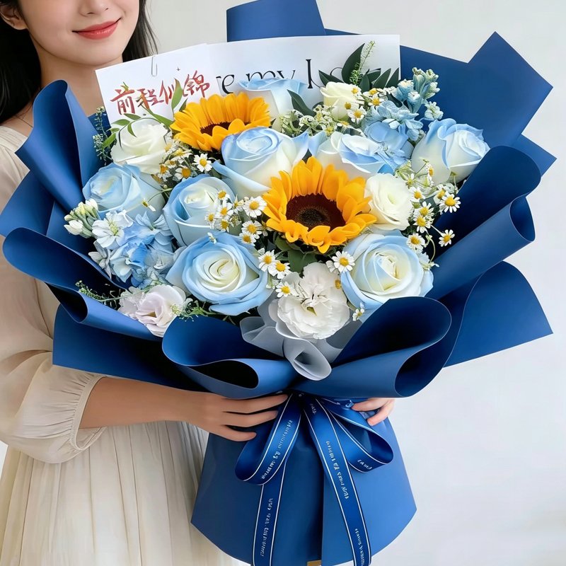 暖阳笺-11朵碎冰蓝玫瑰，2支向日葵，3支白桔梗，白色洋甘菊间插，九星叶 - 爱花客同城送花鲜花礼品