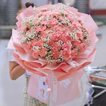 让爱包围-52枝粉色康乃馨，白色满天星丰满点缀。