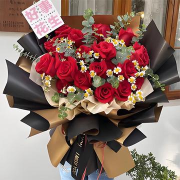前世今生-19支精品红玫瑰，搭配白色小雏菊，尤加利叶丰满间插