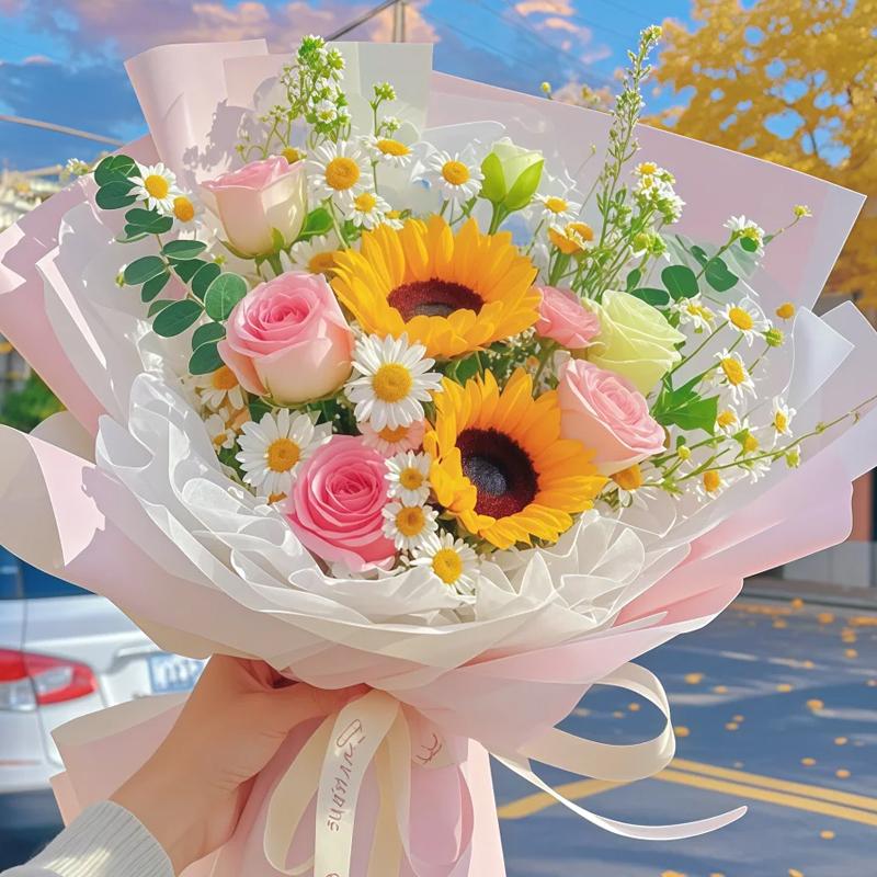 仙女的花-5朵粉佳人玫瑰或戴安娜玫瑰，2支向日葵，1支绿桔梗，洋甘菊适量，尤加利搭配