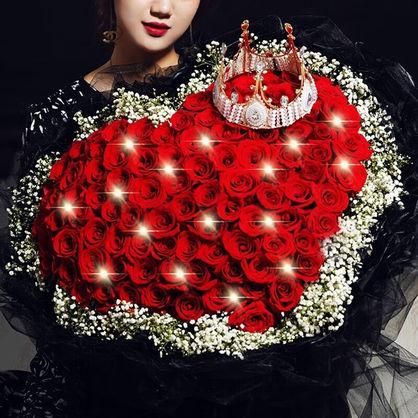 我爱你99✧送老婆求婚结婚仪式感鲜花-99枝卡罗拉红玫瑰搭配白色满天星(拼心形)、皇冠（款式随机）1条灯串